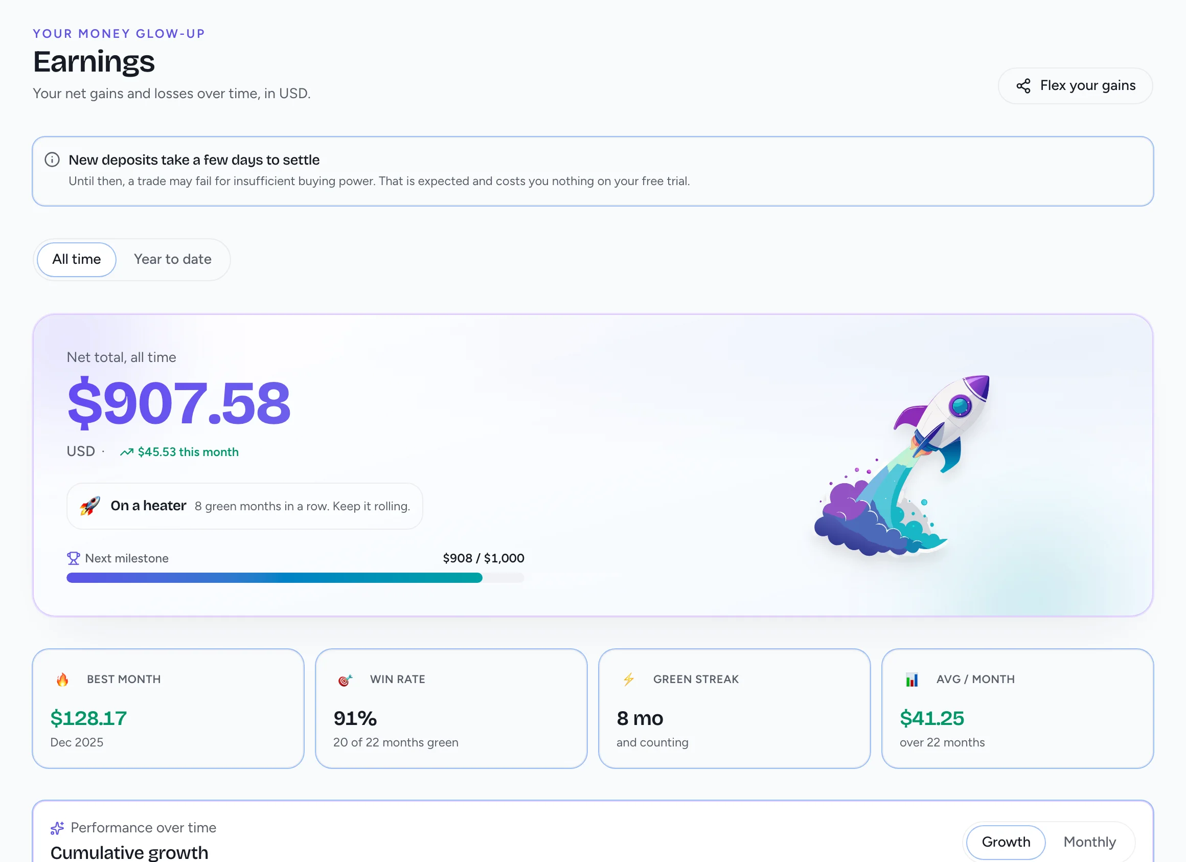OneArbitrage earnings dashboard showing net total, monthly stats, and cumulative growth chart.
