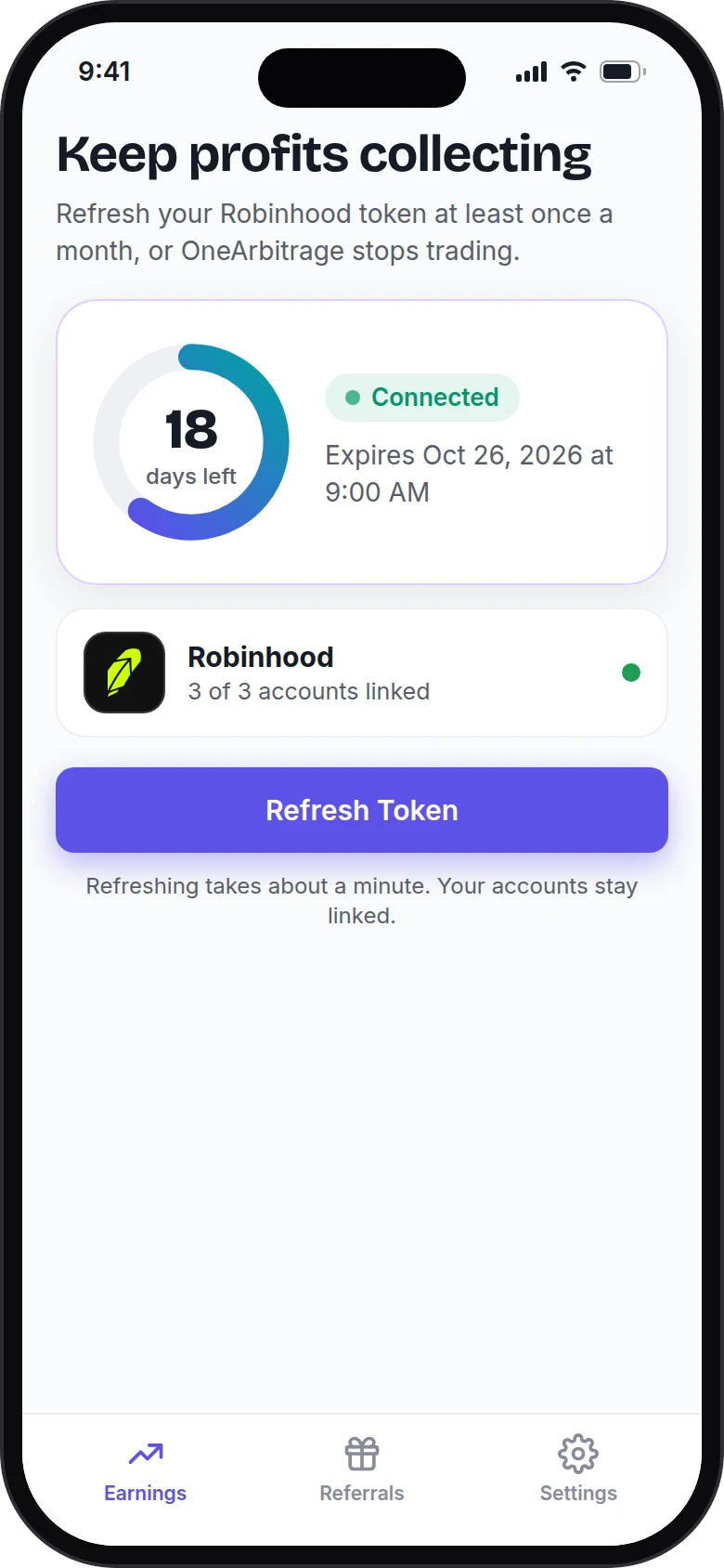OneArbitrage mobile app token refresh screen with connection status and linked Robinhood accounts.