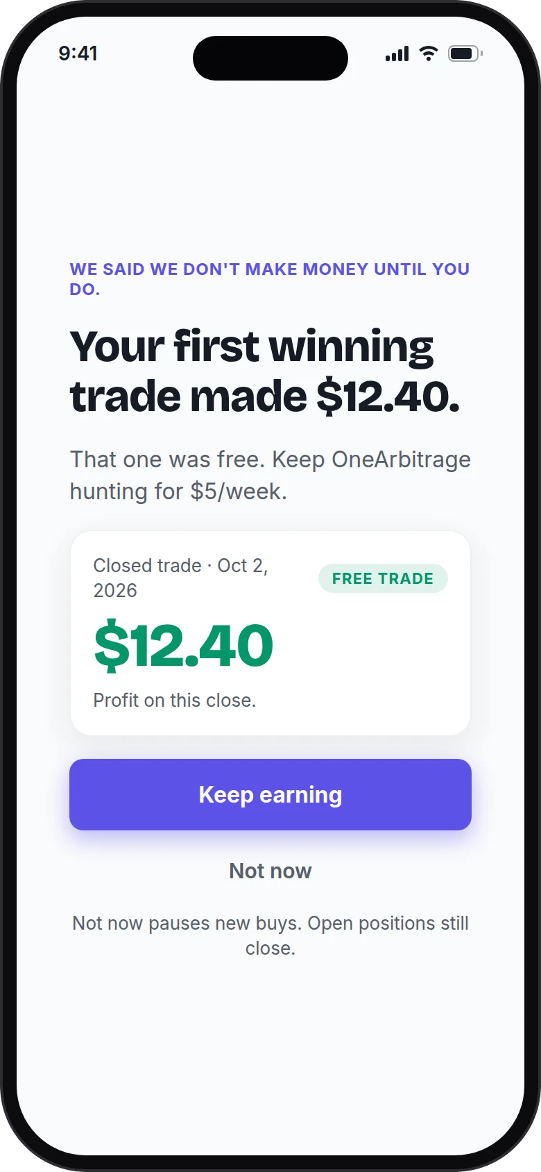 OneArbitrage milestone screen: your first winning trade made $12.40, free, then $5 per week to keep earning.